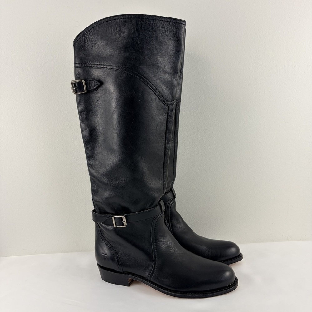 Frye Women Black Leather Riding Boots Knee High Buckle Goodyear Welt Size‎ 6